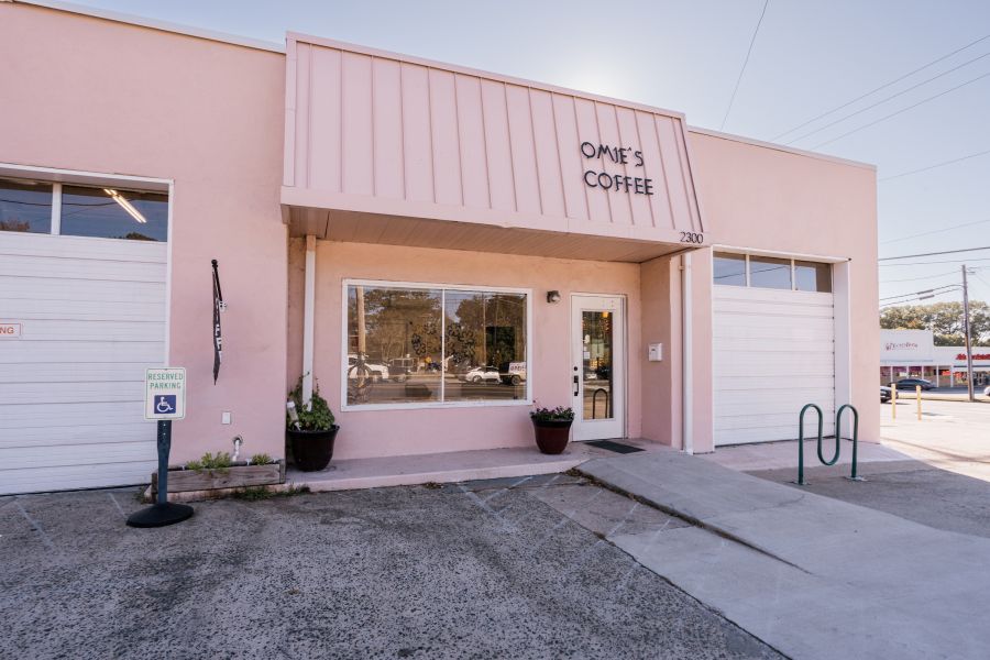 Outside of Omie's Coffee Shop and Roastery a woman-owned, low-waste cafe serving coffee, cold brew, tea and local baked goods