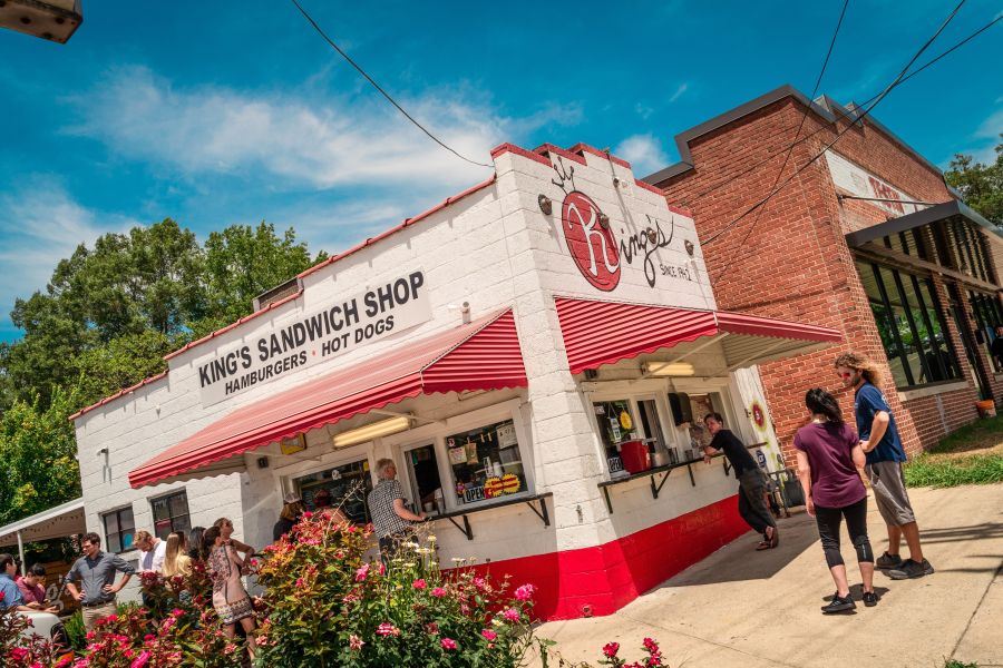 Customers line up to get tasty sandwiches at King's Sandwich Shop in Durham, NC.