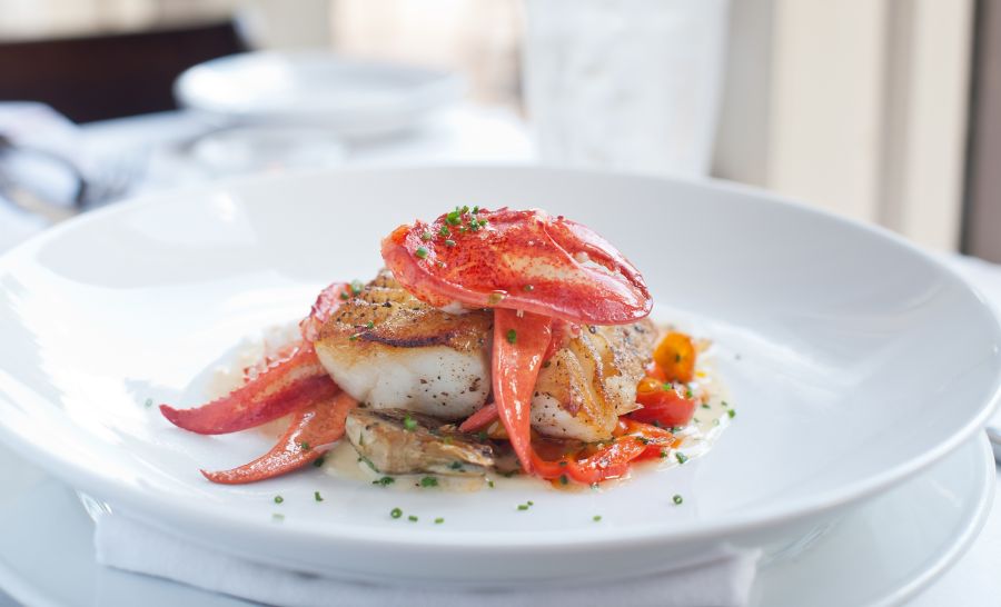 A delectable French seafood dish sits cleanly on a white plate, looking appetizing.