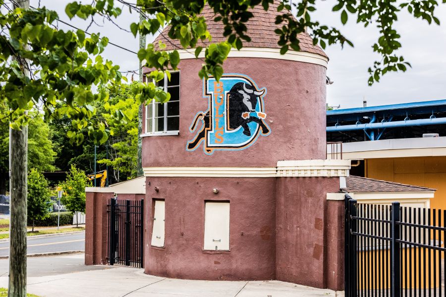 Leaves hang over the entrance to the Historic Durham Athletic Park
