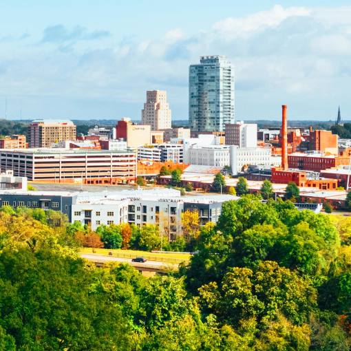 Trees line the foreground of a photo of the Durham Skyline on a sunny day with scattered clouds.