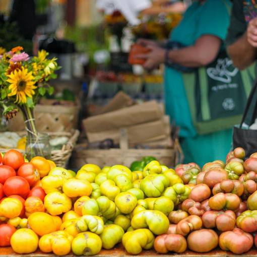 At the Durham Farmers Market, a customer stands behind a table full of tomatoes of different colors.
