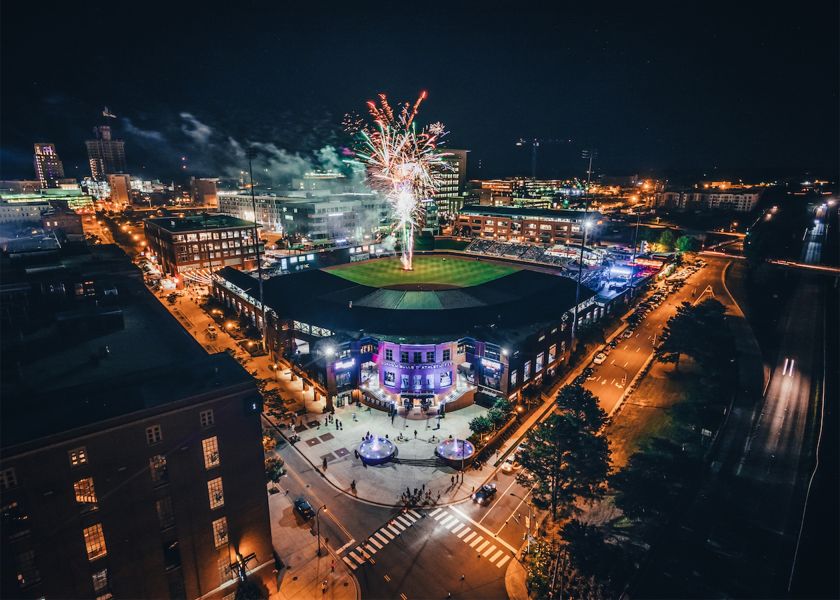 Fireworks light up the night sky over the Durham Bulls Atheltic Park in Durham, NC.