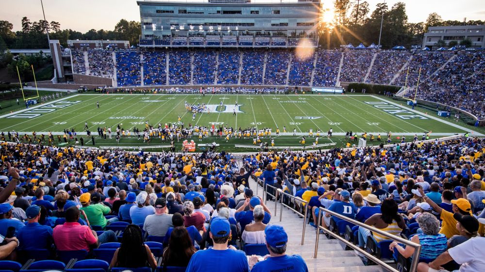 A crowd at Wallace Wade Stadium on Duke University Campus.