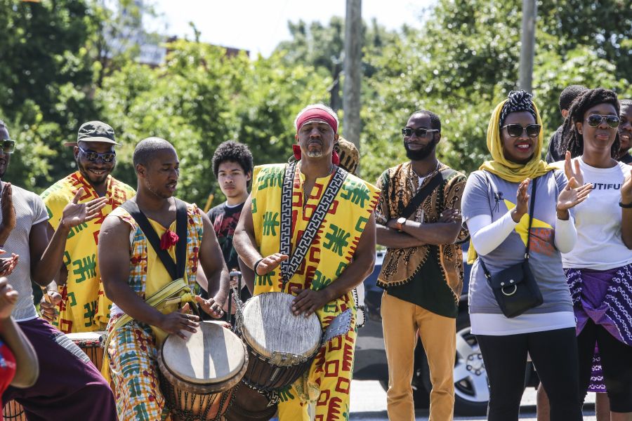 Drummers line up during the Juneteenth processional at Hayti Heritage Center.