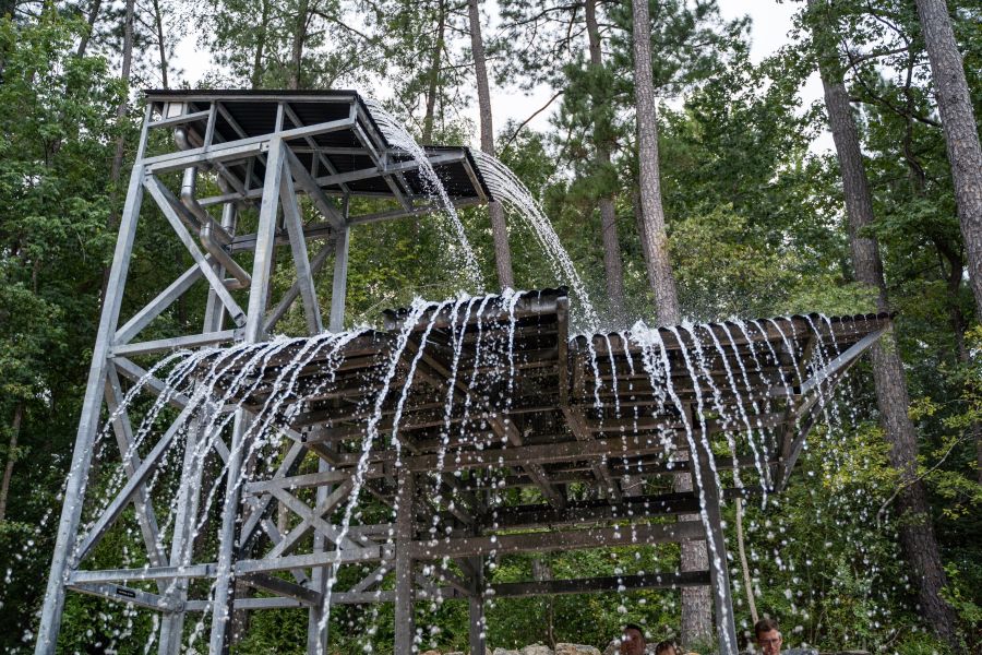 Water rushed down the waterfall at the Earth Moves exhibit at the Museum of Life and Science in Durham, NC.