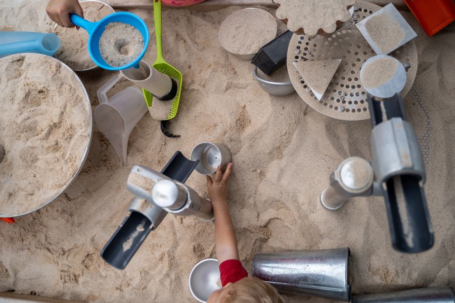 An areal view shows children playing in a sand box at the Museum of Life and Science.