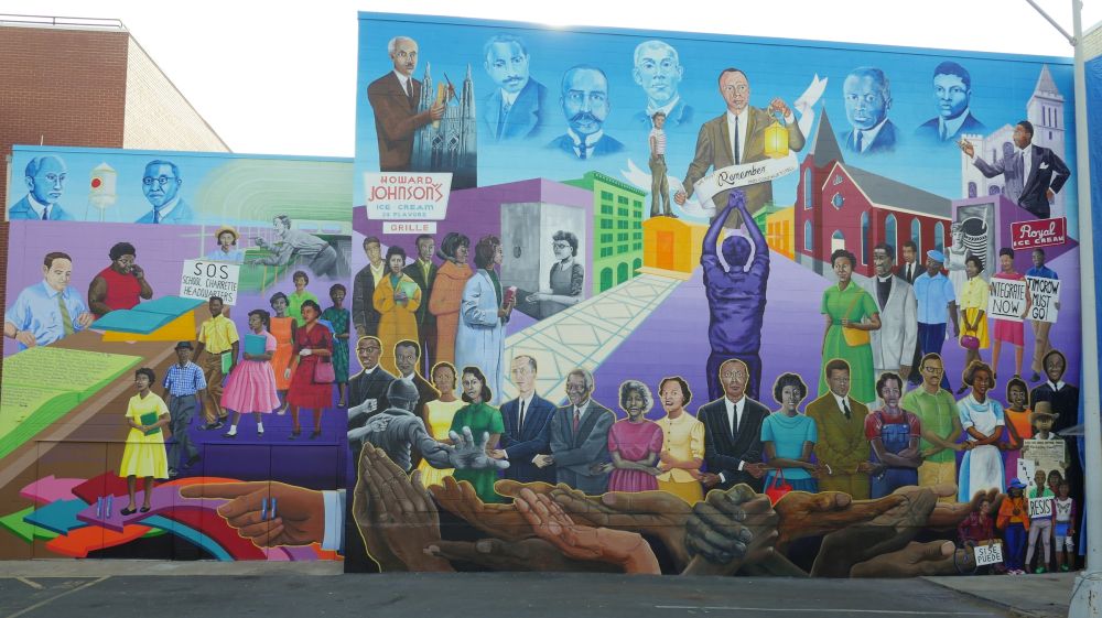 The colorful Civil Rights Mural depicts Black leaders in Durham.