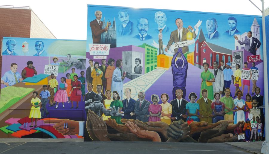 The colorful Civil Rights Mural depicts Black leaders in Durham.