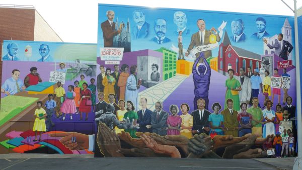The colorful Civil Rights Mural depicts Black leaders in Durham.