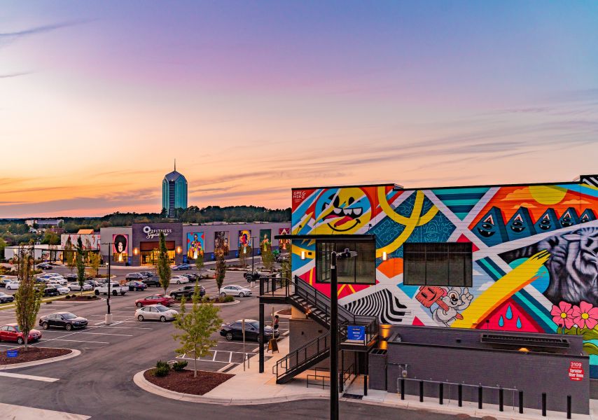 Buildings covered in colorful murals with a sunset in the background.