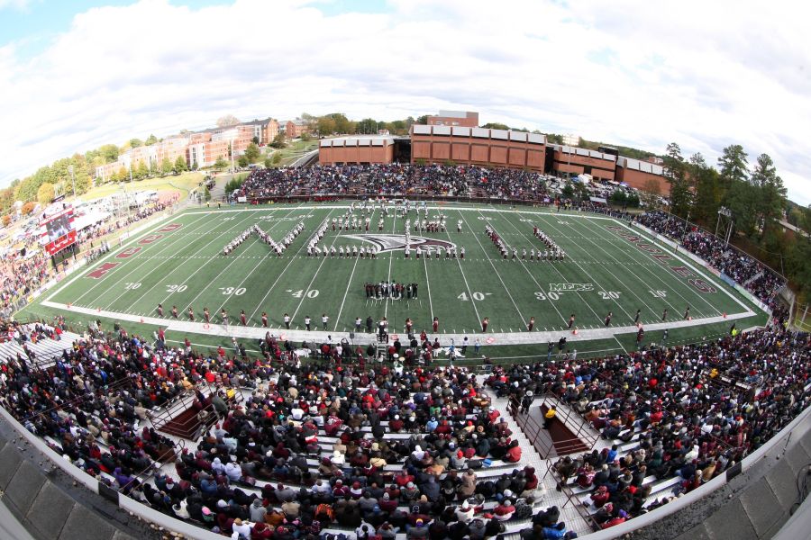 A packed crowd of NCCU Eagles enjoys a home football game at O'Kelly-Riddick Stadium.