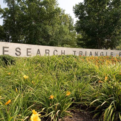Lush plants line the sign for Research Triangle Park.