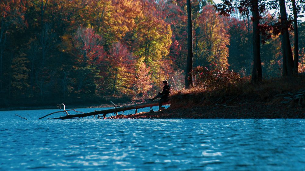 A hiker relaxes on a log next to the water at Falls Lake while surrounded by trees in peak autumn color.