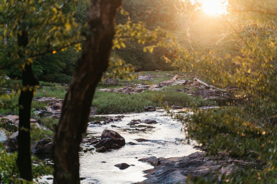 The sun sets at West Point on the Eno in Durham.