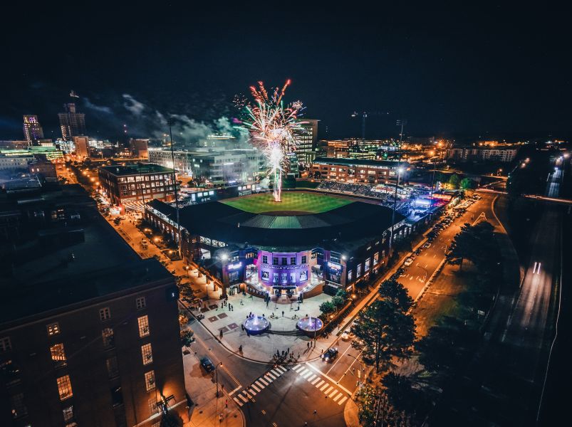 Fireworks over Durham Bulls Baseball Stadium in Durham, NC.