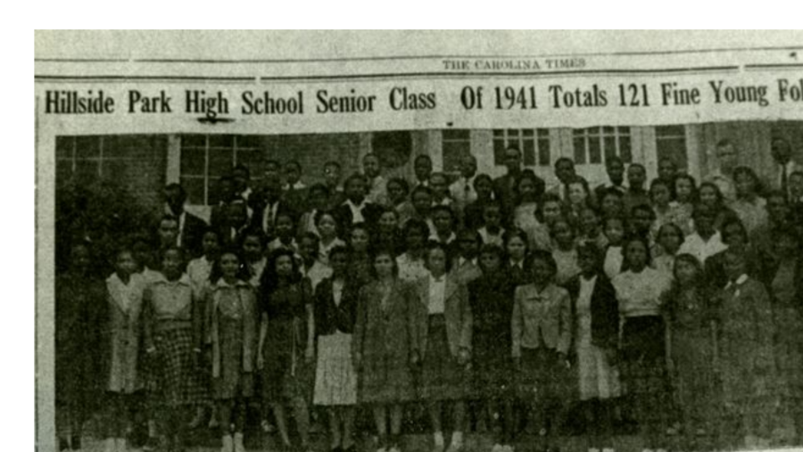A black and white photo depicts the 1941 graduating class of hillside high school.