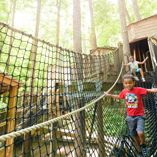 A child walks across a hanging bridge at the Museum of Life and Science in Durham, NC.