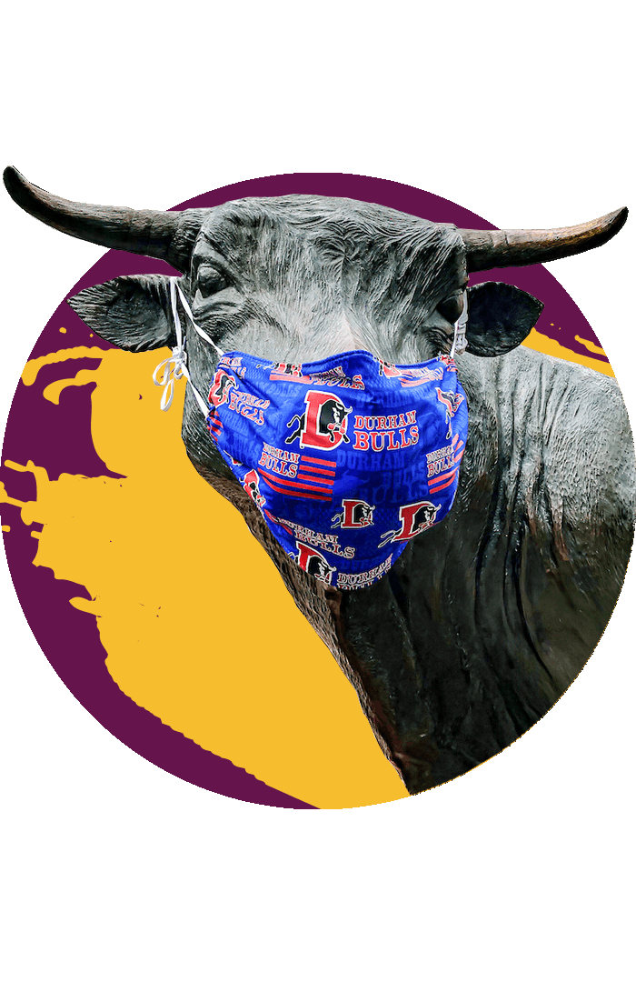 Major the Bull statue wearing a Durham Bulls face mask